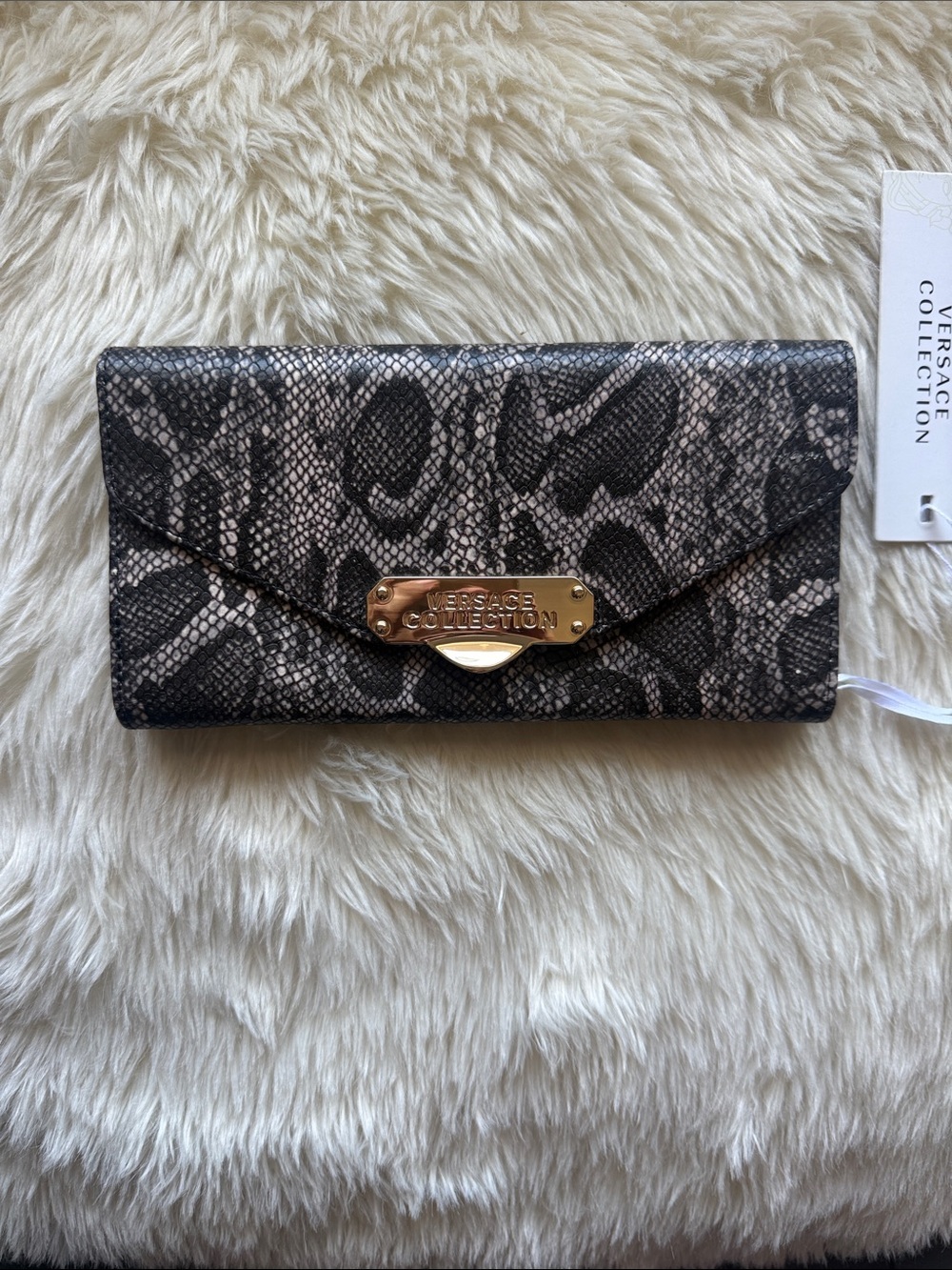 Versace Collection Black & Gray Snake-Print Envelope Wallet with Gold Plaque